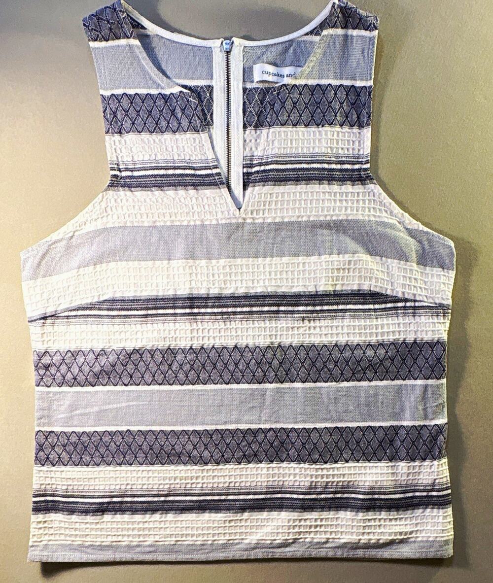 Cupcakes and Cashmere Women’s Striped Zip Neck Tank Top XS White/Blue Cotton